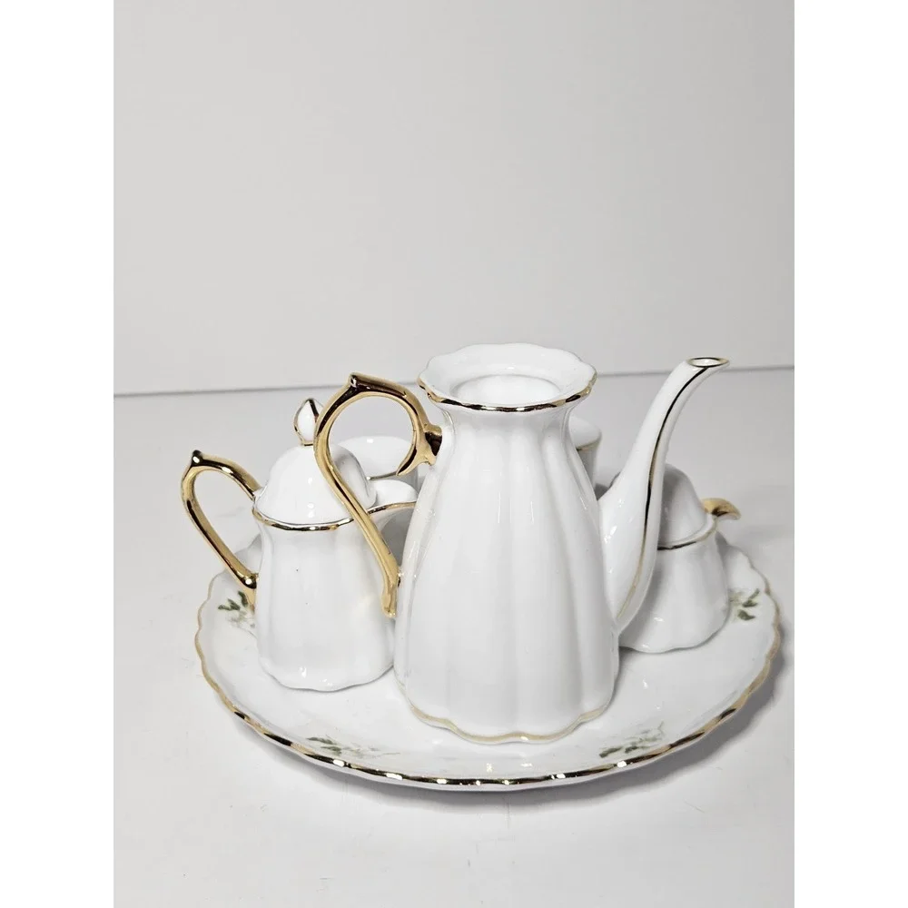 Mini Bone China Tea Set White Floral Gold Gilt Footed Cups Creamer Teapot 7pc